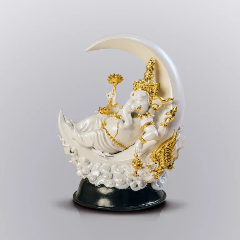Ganesha, White and Gold Painted Thong Thip Gold Alloy · 5 inches - Highness Amulet