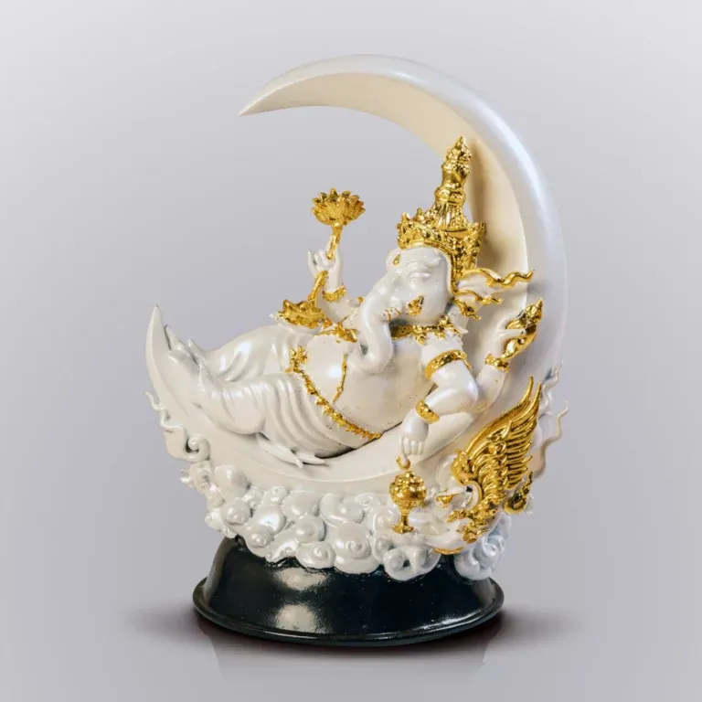 Ganesha, White and Gold Painted Thong Thip Gold Alloy · 7 inches - Highness Amulet