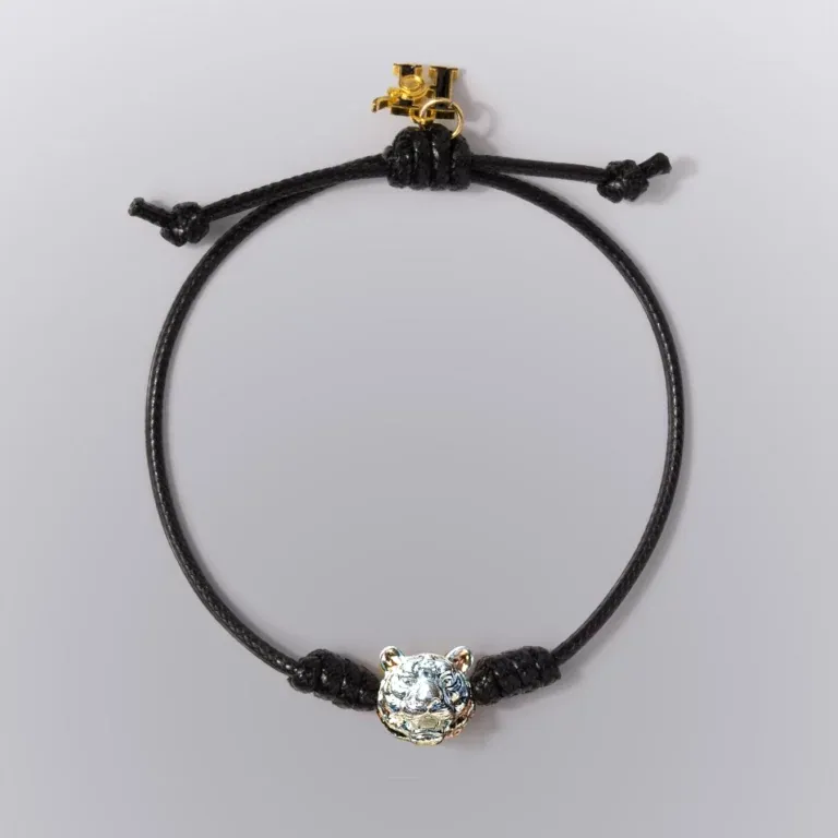 Tiger Looking Back Cord Bracelet Two-Tone Gold and Silver - Highness Amulet