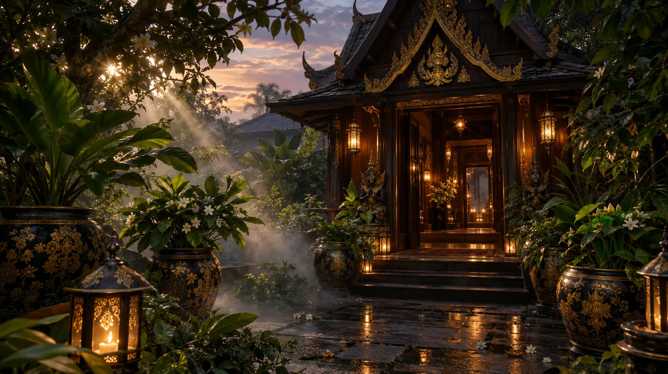 บ้านไทยร่มรื่นด้วยต้นไม้มงคลเขียวชอุ่ม โทนทองดำอบอุ่นยามเย็น
