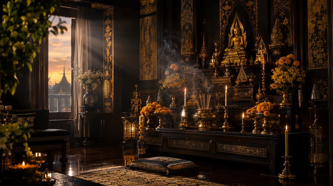 หิ้งบูชาโทนดำทองจัดวางอย่างสง่างามในบ้านสมัยใหม่