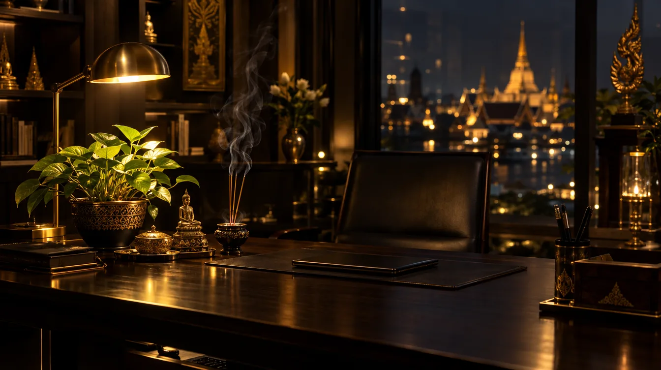 โต๊ะทำงานโทนดำทองจัดวางของมงคลอย่างเป็นระเบียบ บรรยากาศอบอุ่นมีสมาธิ