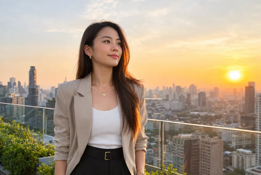 หญิงสาวชาวไทยวัยทำงานยืนมองเมืองยามเช้าอย่างมั่นใจ