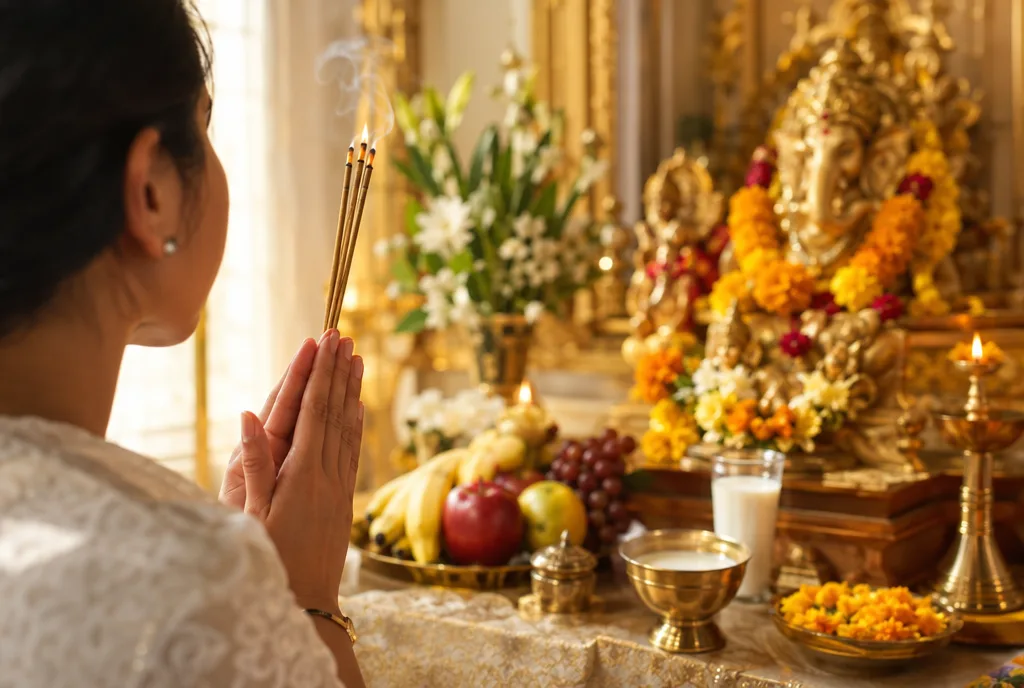 มือพนมถือธูปไหว้หน้าหิ้งบูชาพระพิฆเนศพร้อมของถวายนมและผลไม้