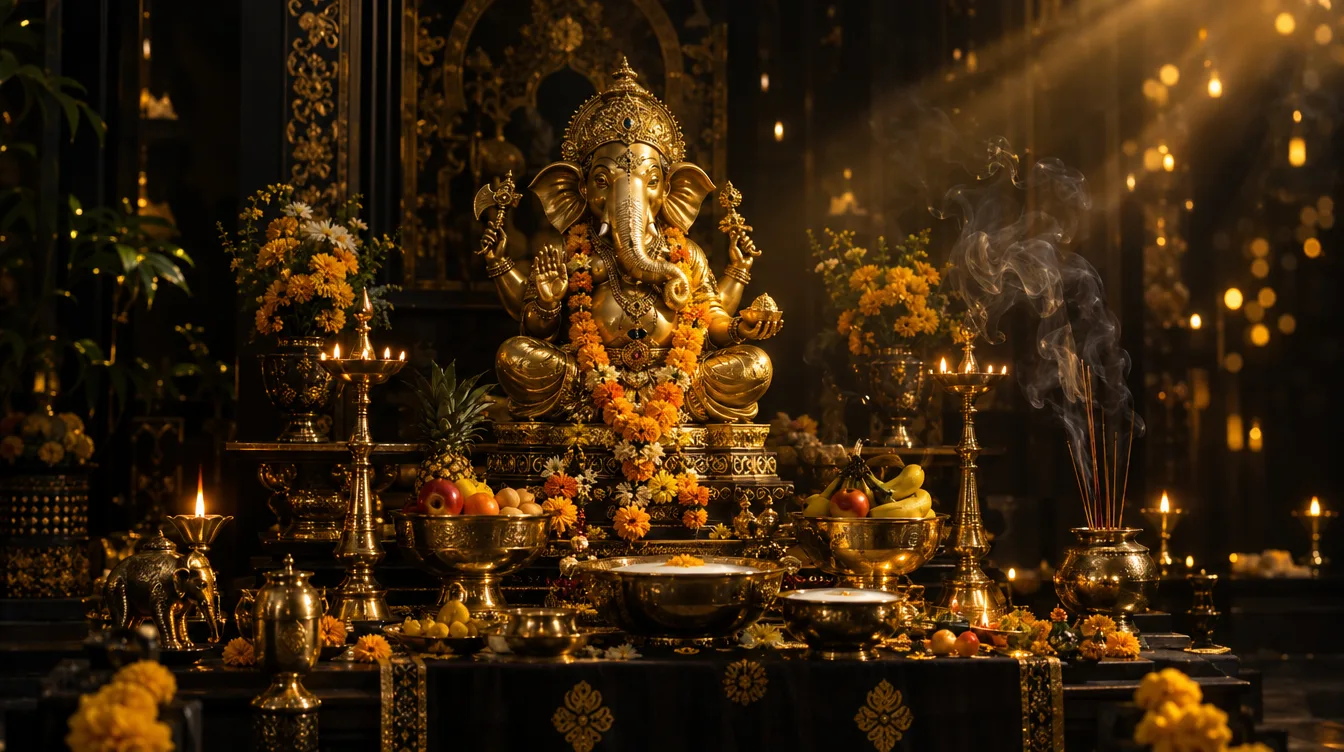 โต๊ะหมู่บูชาพระพิฆเนศโทนดำทอง จุดเทียนและธูปหอมในบรรยากาศศักดิ์สิทธิ์