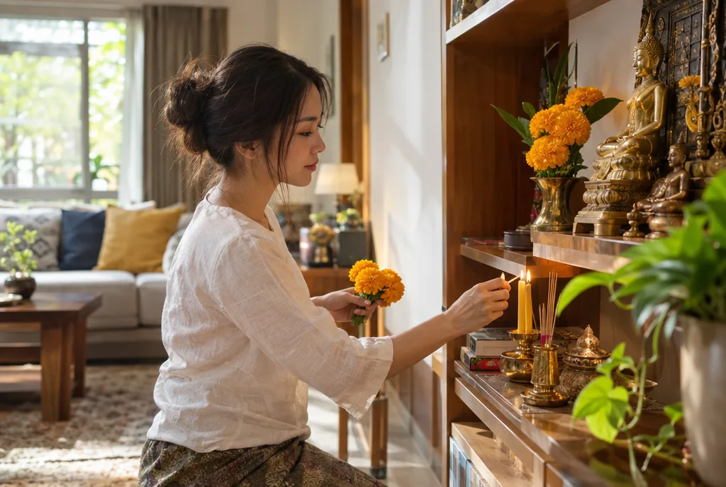 มุมบูชาพระพิฆเนศในบ้านสมัยใหม่ จัดวางเรียบร้อยสวยงาม