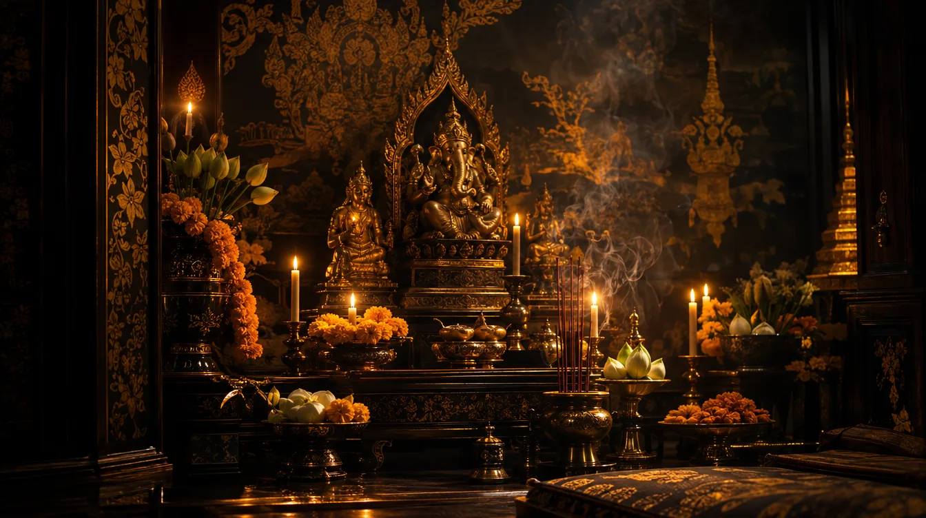 หิ้งบูชาพระพิฆเนศโทนดำทอง ประดับดอกไม้และเครื่องหอมอย่างงดงาม