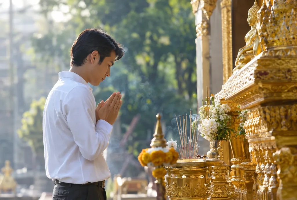 ชายวัยทำงานในชุดสุภาพพนมมือไหว้สักการะสิ่งศักดิ์สิทธิ์หน้าศาลยามเช้า