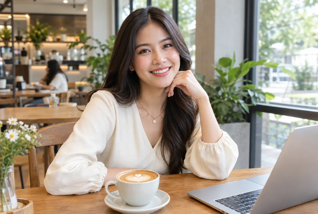 หญิงสาวสวมสร้อยคอเรียบหรูยิ้มอย่างมั่นใจในคาเฟ่ สื่อถึงคนปีมะแมยุคใหม่