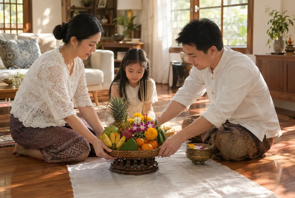ชุดของไหว้เจ้าที่กลางบ้าน ผลไม้ ดอกไม้ ธูปเทียน