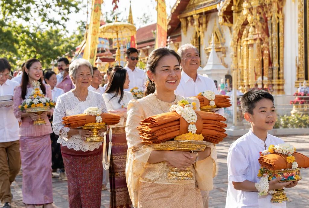 ครอบครัวคนรุ่นใหม่ร่วมงานบุญกฐินที่วัดอย่างอบอุ่น