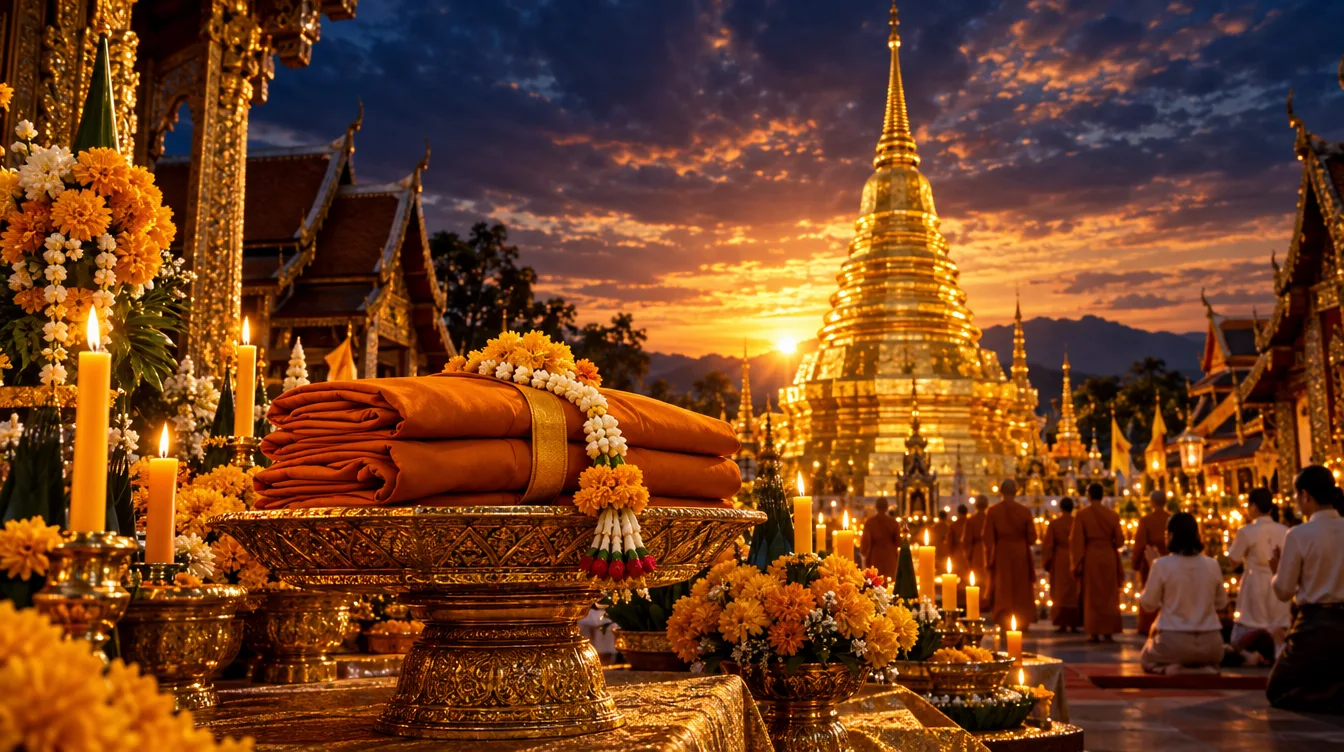 บรรยากาศงานบุญทอดกฐินที่วัดไทยยามเย็น โทนทองอบอุ่น