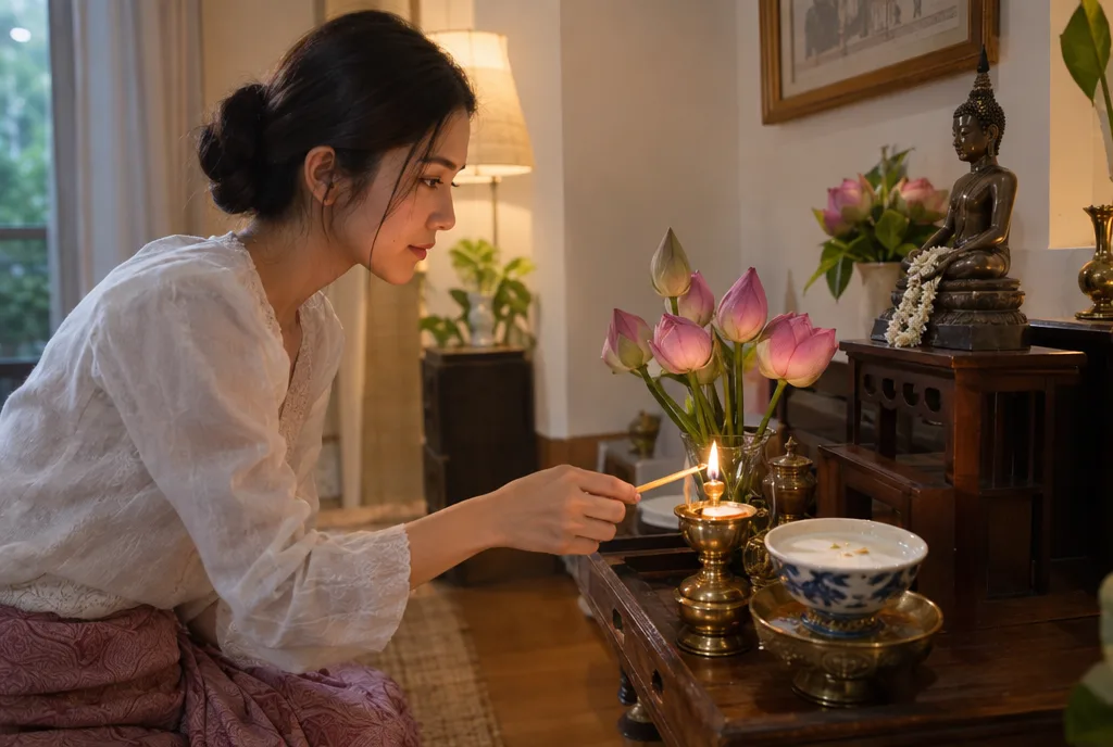 หญิงสาวจุดตะเกียงและถวายดอกบัวในมุมบูชาที่บ้านอย่างสงบ