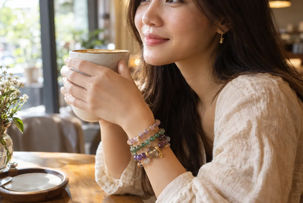 ผู้หญิงสวมกำไลหินมงคลหลายเส้นบนข้อมือ ขณะจิบกาแฟในคาเฟ่