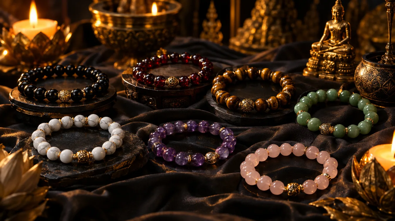 กำไลหินมงคลหลากสีวางเรียงบนผ้าโทนดำทอง สะท้อนแสงอย่างสวยงาม