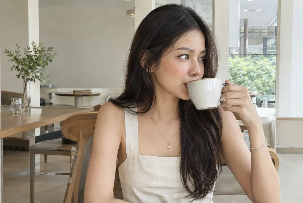 หญิงสาวแต่งตัวมินิมอลสวมกำไลและสร้อยคอโทนทองเรียบหรู