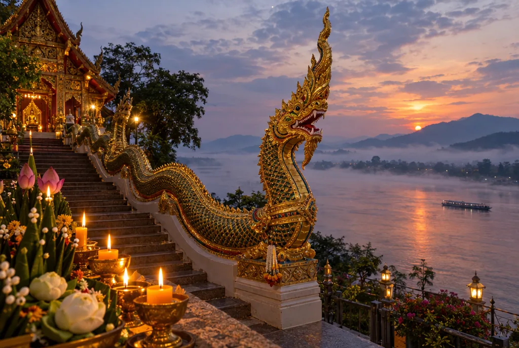 รูปปั้นพญานาคริมแม่น้ำโขงยามพลบค่ำ สะท้อนความเชื่อเรื่องพญานาคของคนไทย