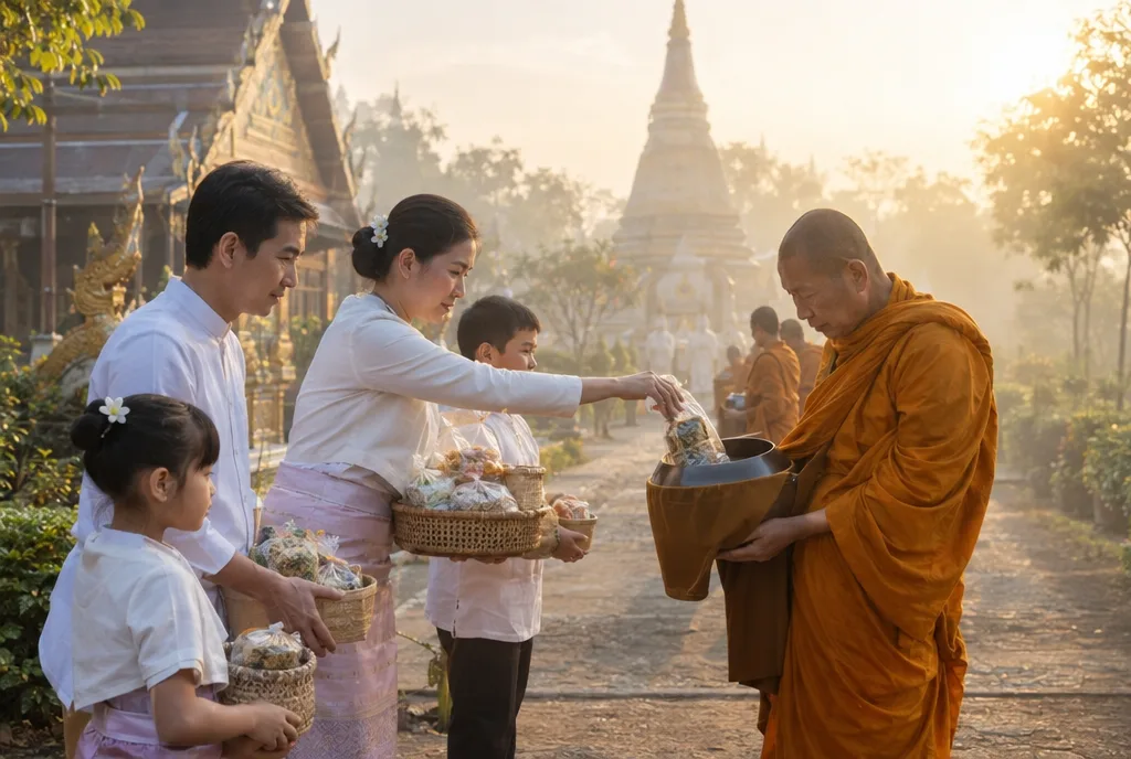 ครอบครัวใส่บาตรข้าวสารอาหารแห้งยามเช้าหน้าวัด บรรยากาศทำบุญวันออกพรรษา