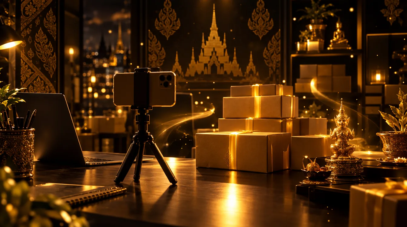 โต๊ะทำงานแม่ค้าออนไลน์ยุคใหม่ กล่องพัสดุและสมาร์ตโฟน ในโทนทองดำมงคล