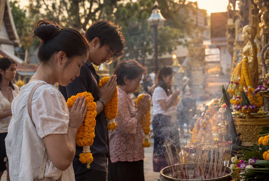 ผู้ศรัทธาพนมมือถือพวงมาลัยดาวเรืองไหว้ขอพรที่ศาลกลางแจ้ง