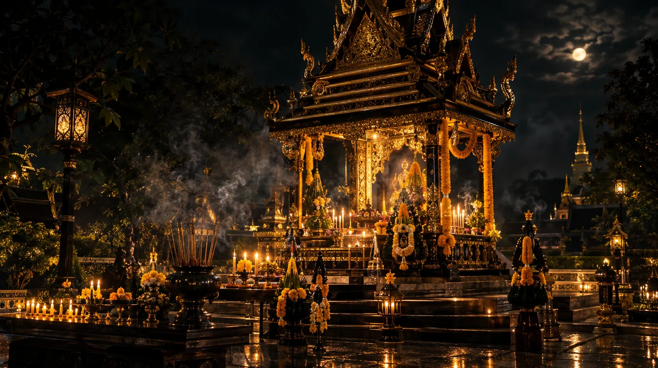 ศาลพระพรหมโทนทองอร่ามท่ามกลางควันธูปยามค่ำ