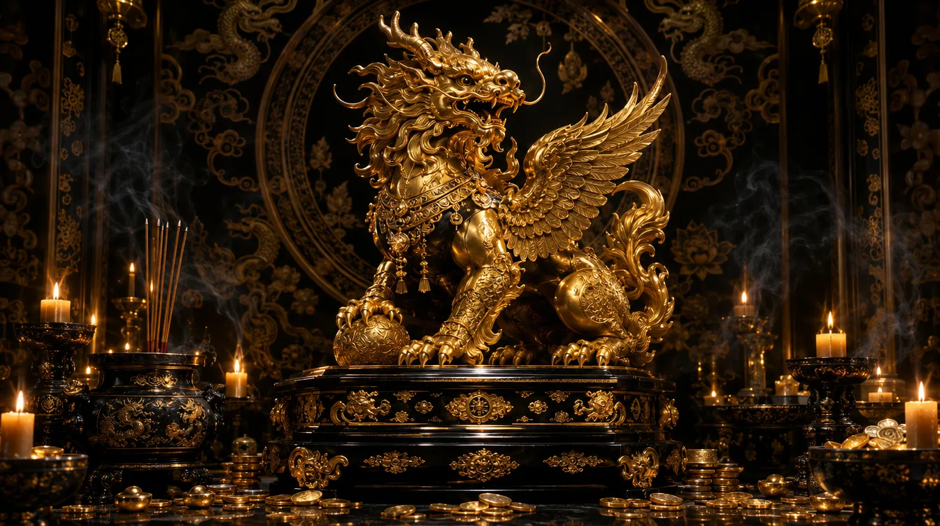 รูปปั้นสัตว์มงคลจีนสีทองท่ามกลางแสงเทียนและควันธูปโทนดำทอง
