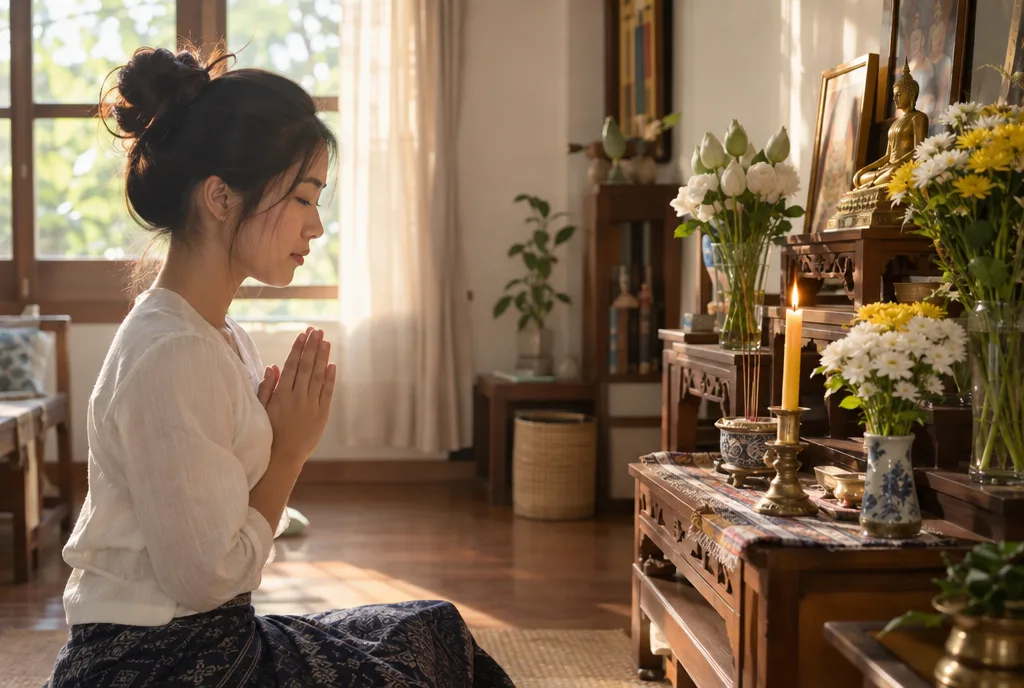 หญิงสาวนั่งสงบพนมมือหน้าหิ้งพระที่บ้านในแสงเช้า