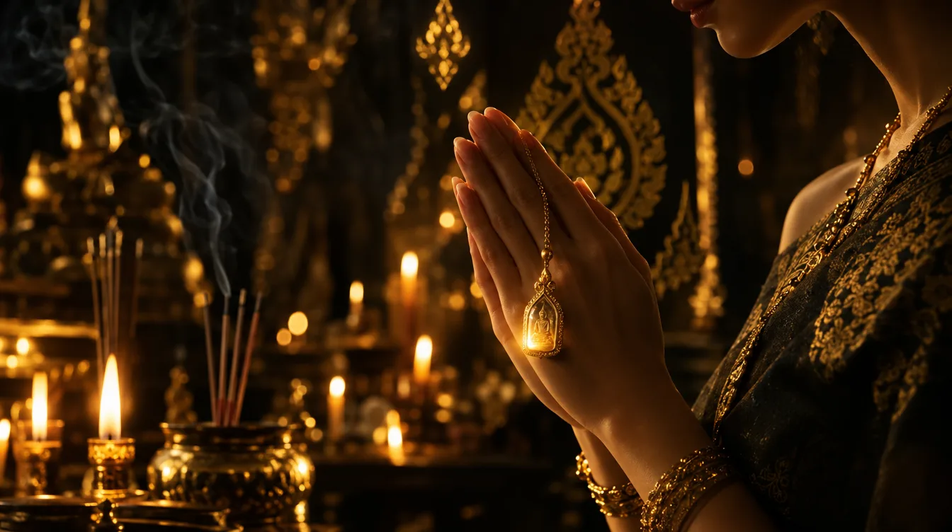 มือพนมถือเครื่องรางทองคำ อธิษฐานจิตก่อนใส่วัตถุมงคลชิ้นใหม่ในแสงเทียนอบอุ่น