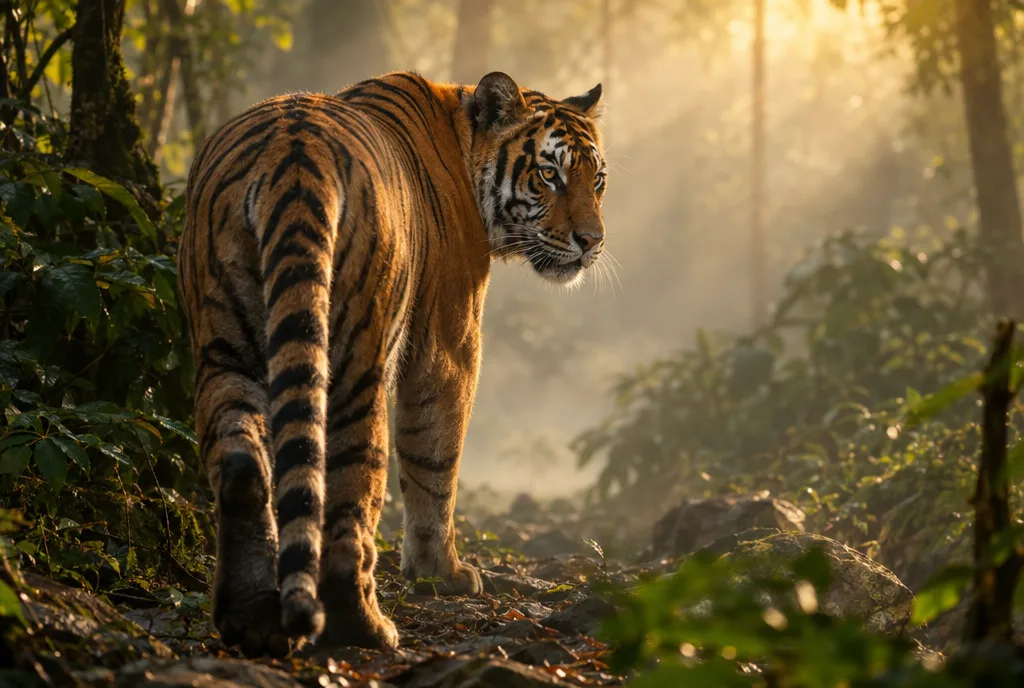 เสือก้าวเดินพลางเหลียวหลังในป่า สื่อความหมายของยันต์เสือเหลียวหลัง