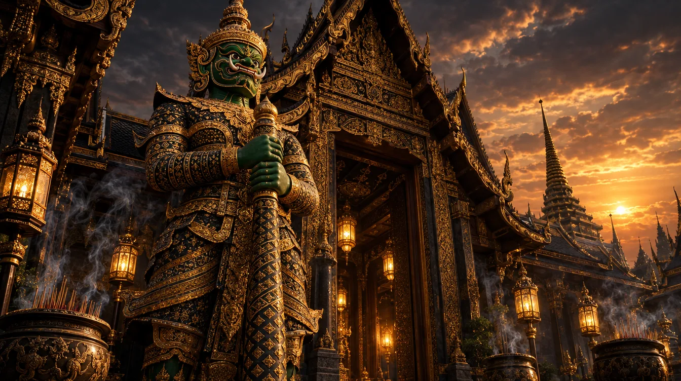 รูปปั้นยักษ์ทวารบาลสีเขียวถือกระบองหน้าประตูวัดยามพลบค่ำ
