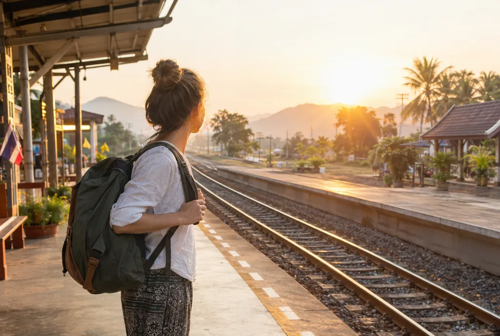 นักเดินทางสะพายเป้มองทางรถไฟยามเช้า แสงทองอบอุ่น