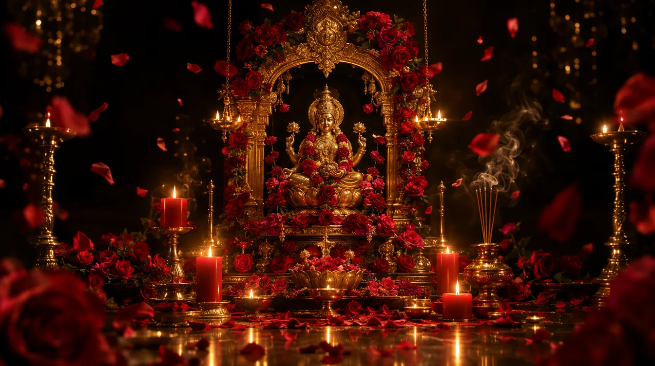 เทวาลัยทองคำประดับกุหลาบแดงและเทียนแดงในบรรยากาศค่ำคืนโทนดำทอง