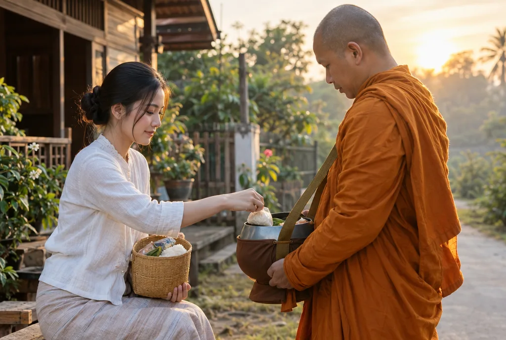 หญิงสาวใส่บาตรพระสงฆ์ยามเช้าหน้าบ้านในวันพระ