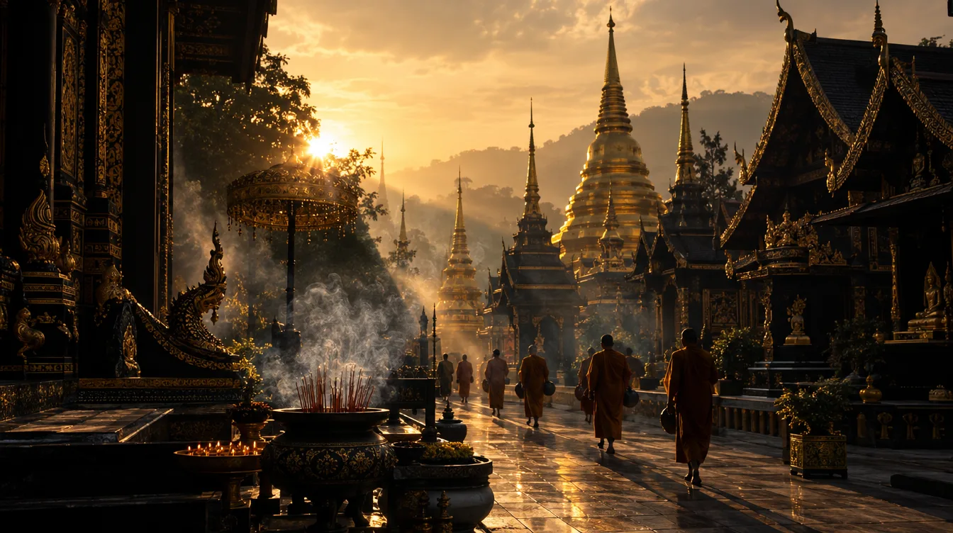 บรรยากาศการทำบุญวันพระที่วัดไทยยามเช้า โทนดำทอง