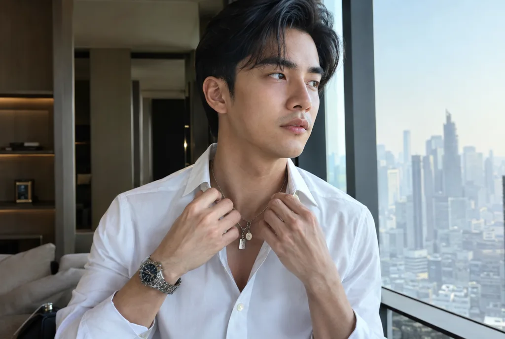 ชายหนุ่มแต่งตัวเรียบร้อยสวมสร้อยคอวัตถุมงคลอย่างประณีต