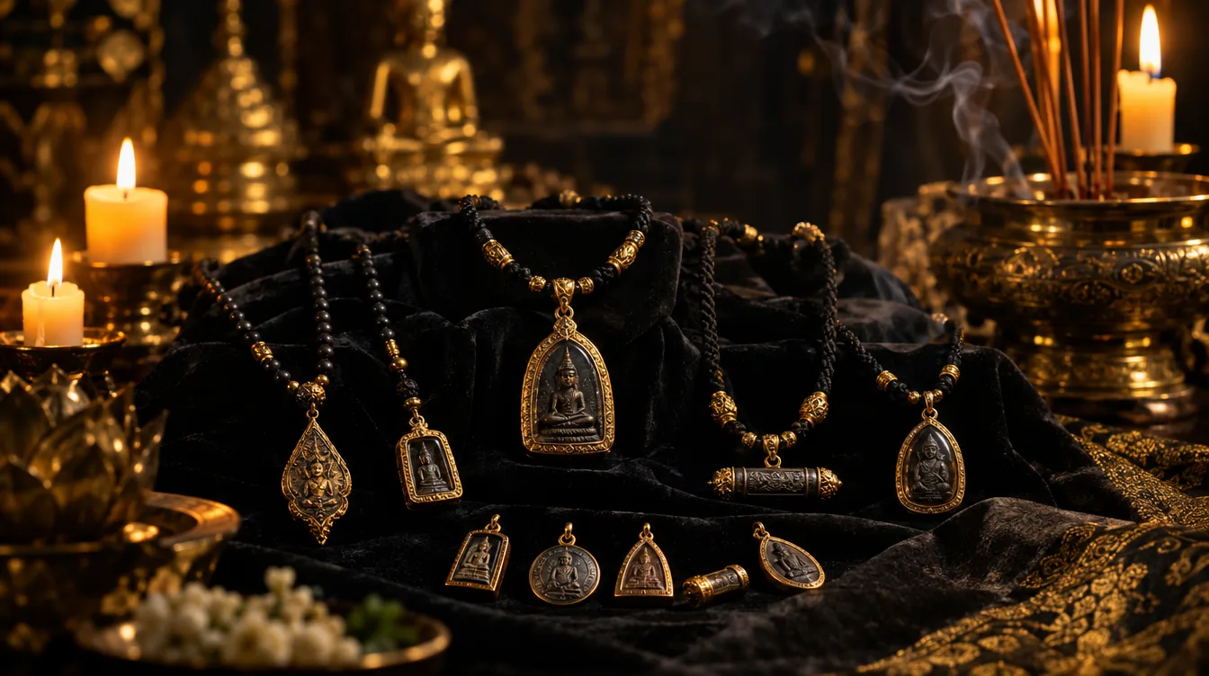 สร้อยคอพร้อมวัตถุมงคลหลายองค์บนผ้ากำมะหยี่ โทนดำทอง