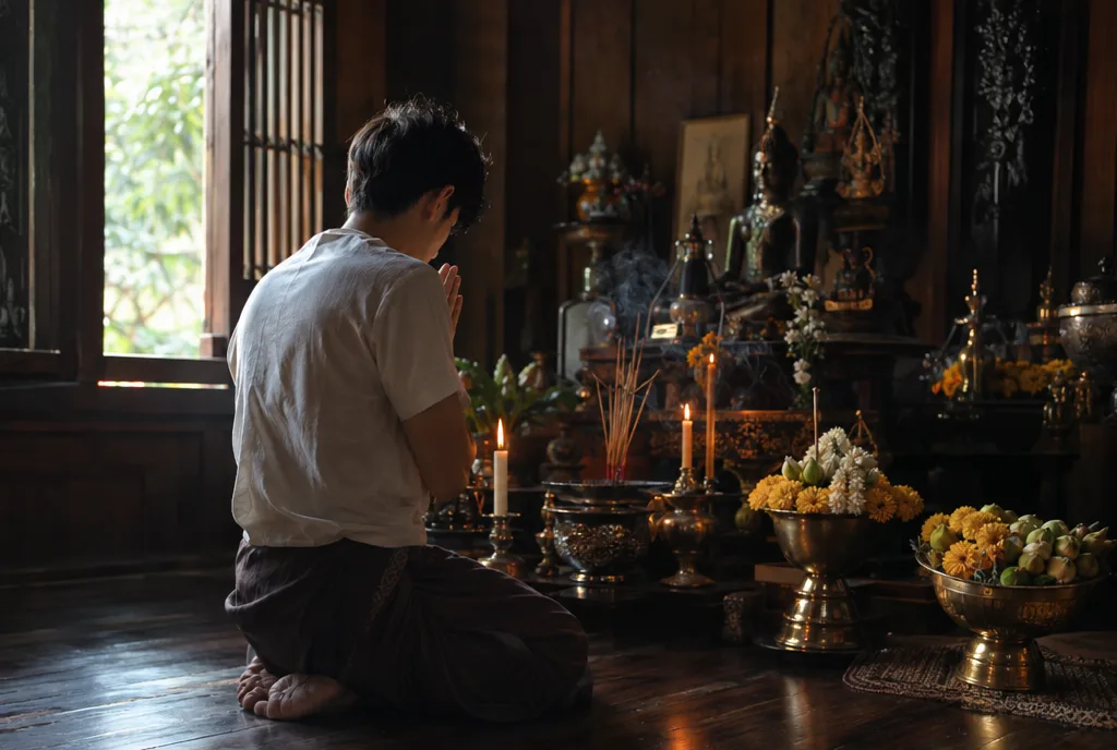 ชายหนุ่มพนมมือไหว้ครูก่อนรับการสักยันต์ในสำนักสักยันต์บรรยากาศขรึมขลัง