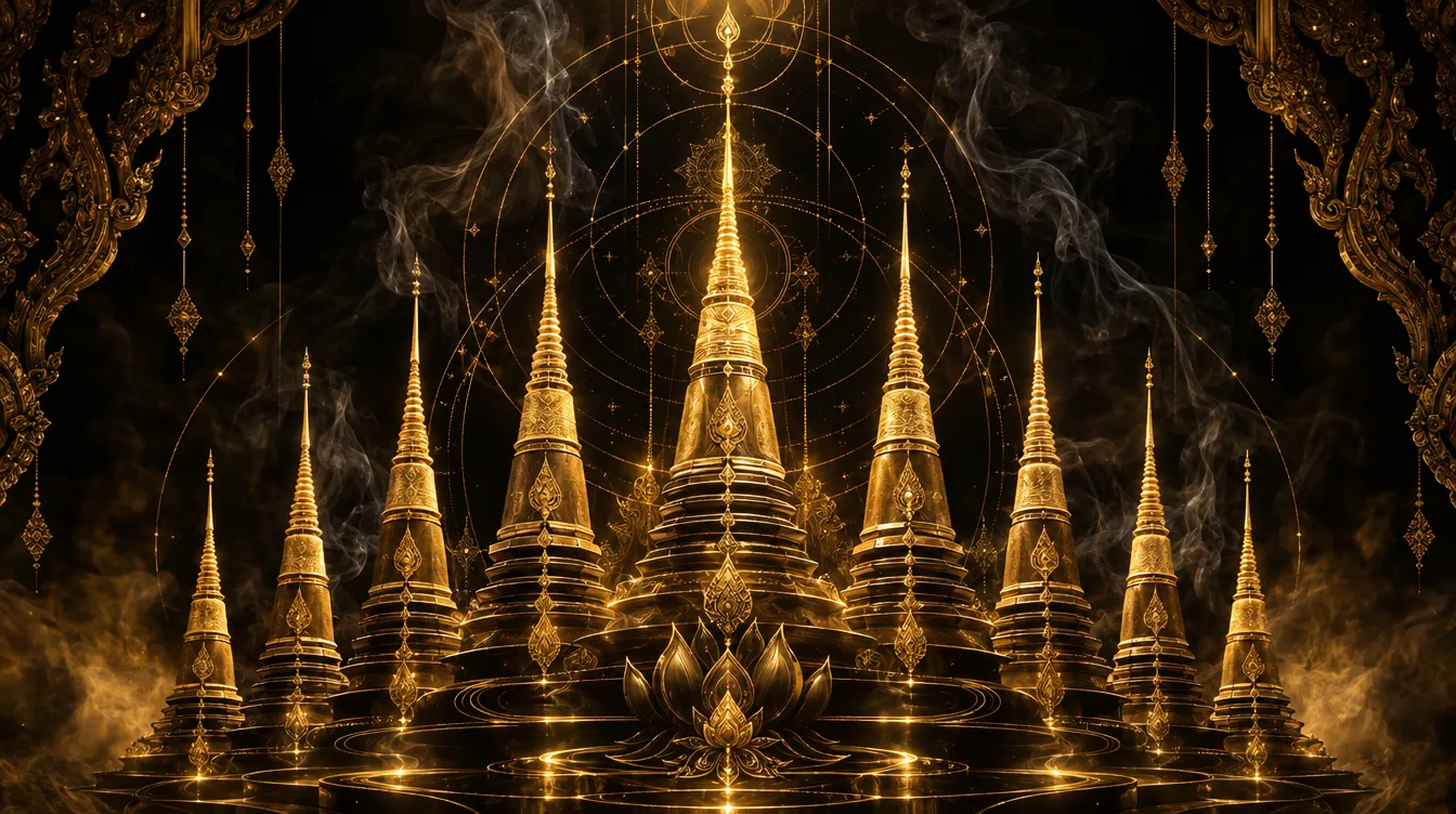 ลวดลายยันต์เก้ายอดสีทองเรืองรองบนพื้นดำ สื่อถึงยันต์ครูแห่งการคุ้มครอง