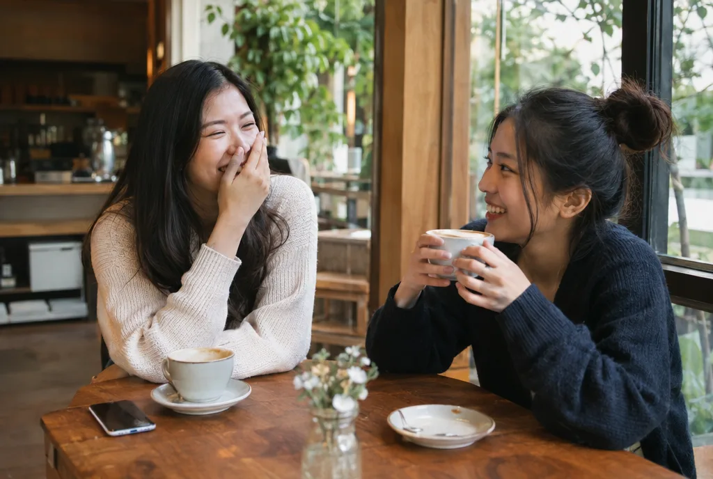 เพื่อนสองคนนั่งคุยกันอย่างอบอุ่นในร้านกาแฟ สื่อถึงความสัมพันธ์ที่ดีแม้ต่างปีนักษัตร